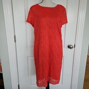 Chico’s TEXTURED Eyelet LACE SHORT Coral Reef DRESS Back Zip Size 2.5 (US )
